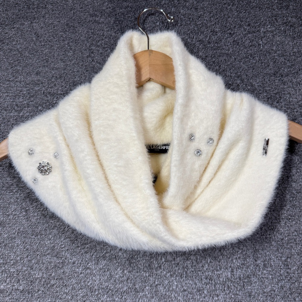 Karl Lagerfeld Paris Cowl Cream Fuzzy Knit Infinity Scarf Rhinestone Embellished